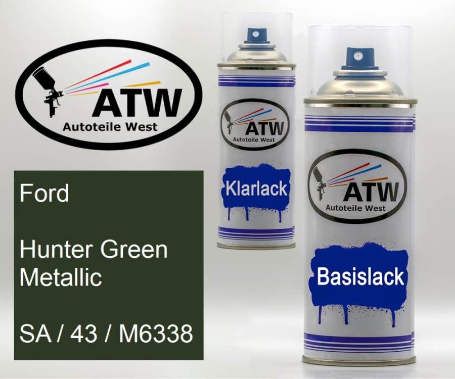 Ford, Hunter Green Metallic, SA / 43 / M6338: 400ml Sprühdose + 400ml Klarlack - Set, von ATW Autoteile West.